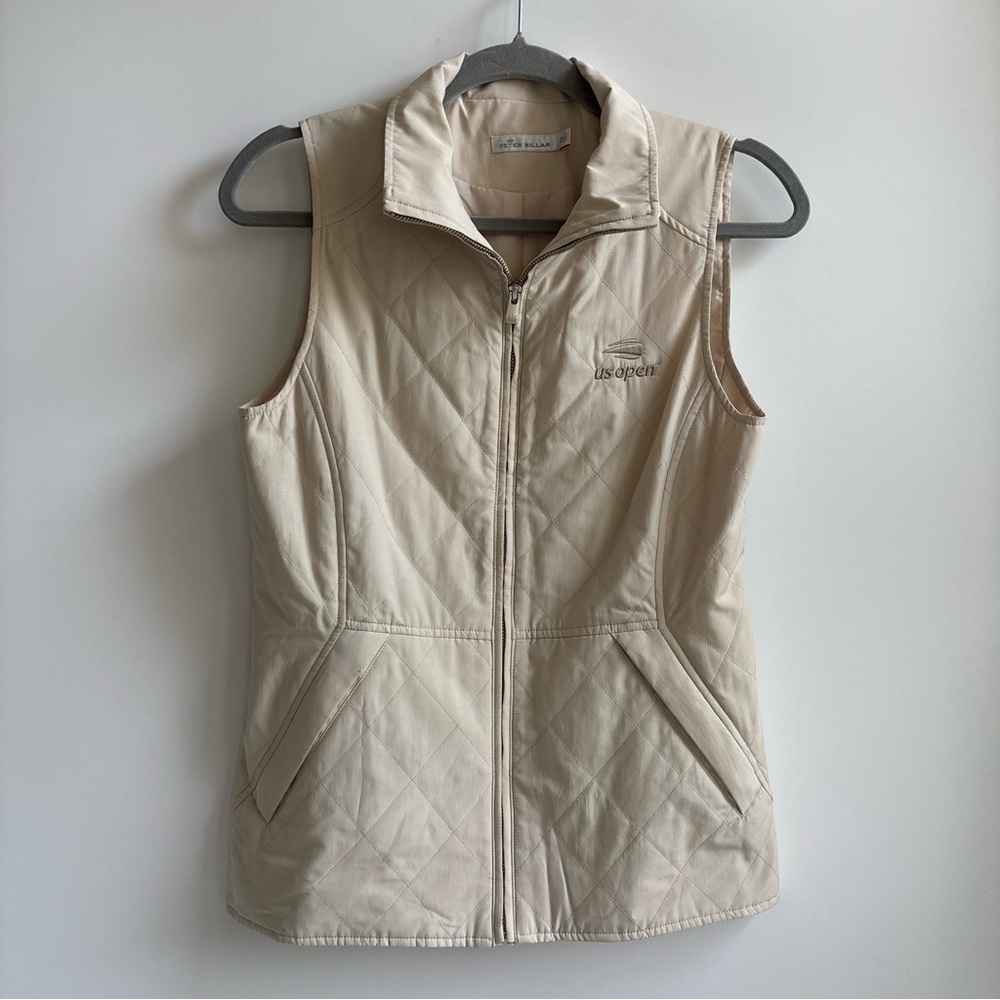 Peter Millar Quilted Full Zip Sweater Vest Cream/Beige Size XS US Open Logo